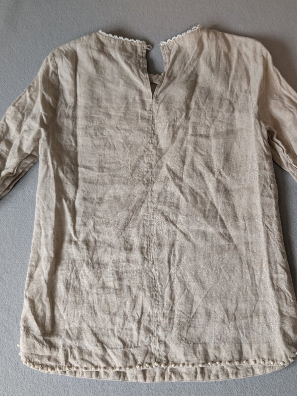 J.Crew 100% Linen Pom Pom Fringe Blouse Top Size 0 Beige Shell Button Boho Luxe - Picture 10 of 10